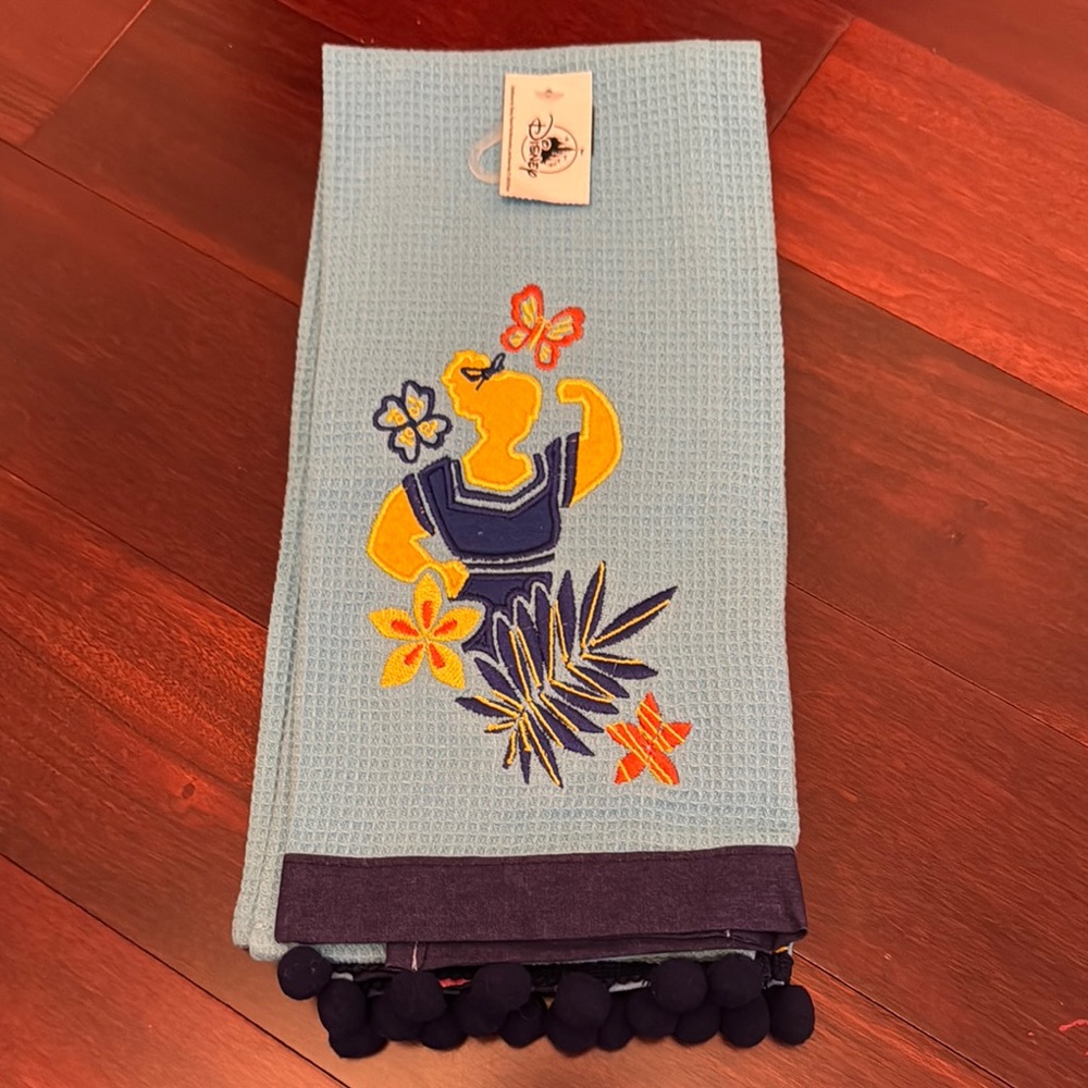Blue Embroidered DISNEY Kitchen Towel with Pom Poms..